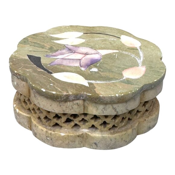 Vintage Soapstone Jewelry Trinket Ring Box Reticulated 3" Inlay Floral Pattern - Picture 9 of 11